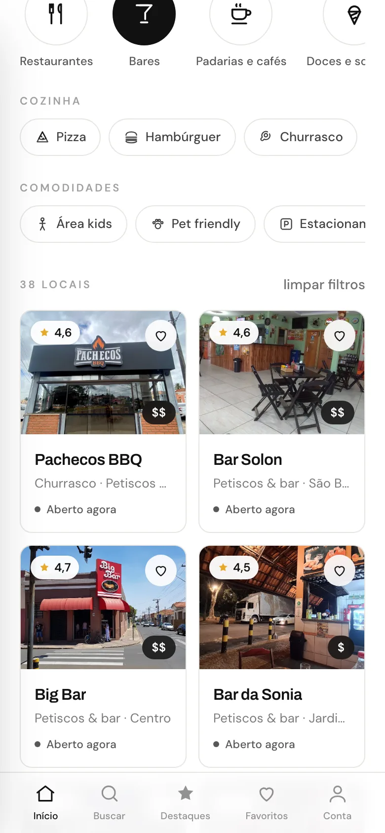 O Lugare filtrando os bares, com as cozinhas e as comodidades para marcar